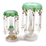 Two late 19thC Continental milk and green glass lustres, each with prismatic drops, 26cm and 21cm hi