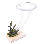 A Victorian cut glass and gilt brass cornucopia, terminating in a stag's head, raised on a marble ba