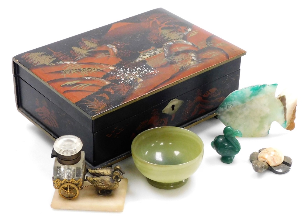 A 20thC Japanese lacquer and mother of pearl inlaid musical jewellery box, 24cm wide, together with