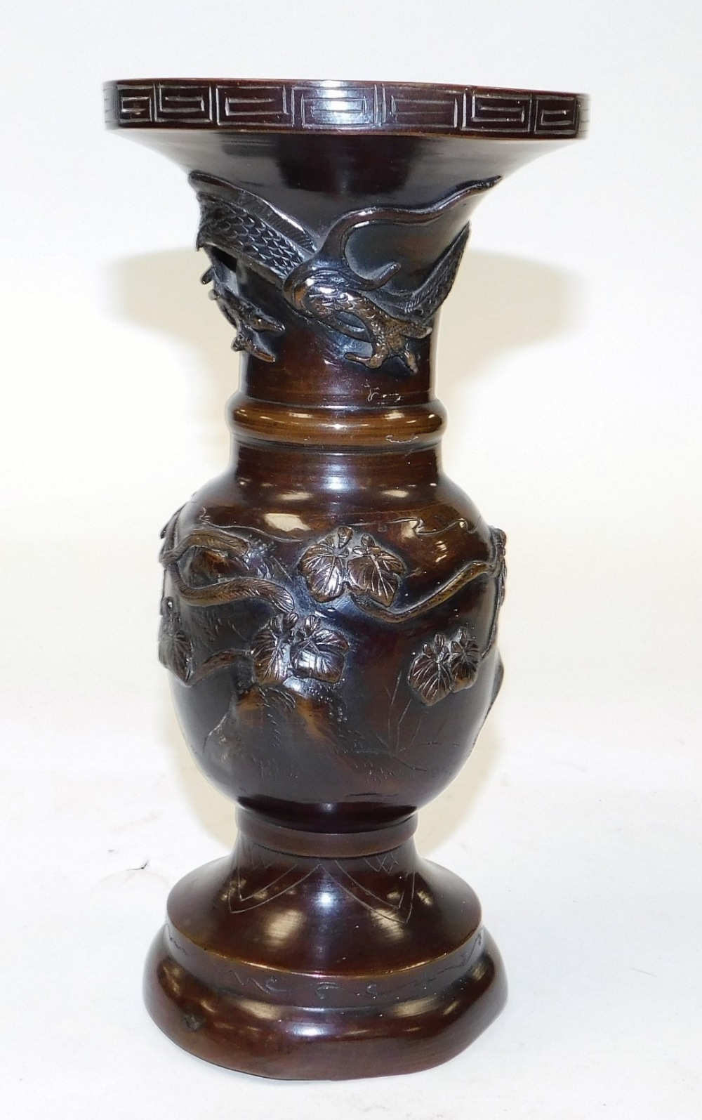 A pair of Japanese Meiji period bronze vases, cast with dragons, phoenixes and trees, 25cm high. (AF - Image 6 of 7