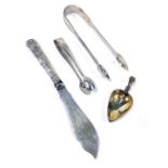 A group of small silver, comprising a pair of Georgian sugar tongs, a silver handled Kings pattern b