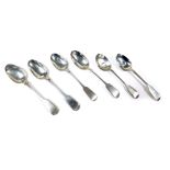 A harlequin set of six Georgian Fiddle pattern teaspoons, various dates and makers, some initial eng