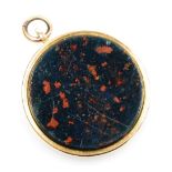 A bloodstone fronted hair locket pendant, set in yellow metal, with a loop suspension, 6.4g.