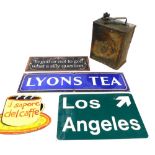 A vintage Lyons Tea enamel sign, 18cm x 68.5cm, and three modern signs, Los Angeles, il Sapore Del C