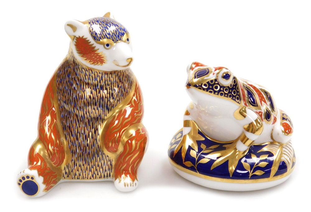 Two Royal Crown Derby porcelain paperweights, comprising Honey Bear, red printed marks and silver st