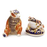 Two Royal Crown Derby porcelain paperweights, comprising Honey Bear, red printed marks and silver st