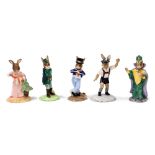 Five Royal Doulton Bunnykins figures, comprising Christmas Morning Bunnykins, DB285, Tyrolean Dancer