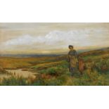 19thC School. Mother and child walking on a moor, pastel, initialled and dated '97, 32cm x 55cm.