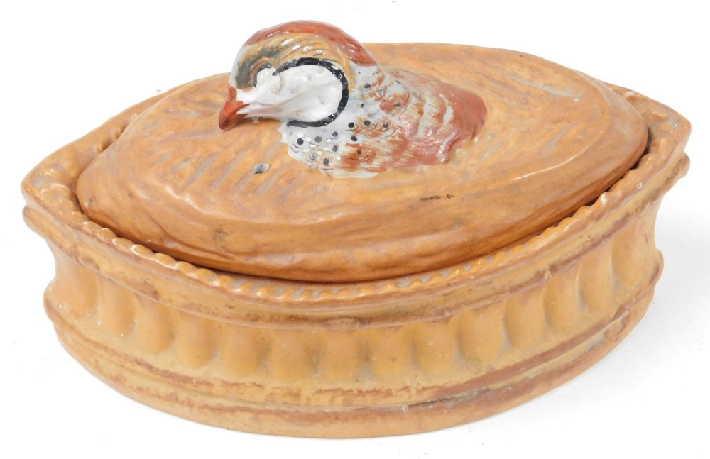 A Pillivuyt terracotta game pie tureen, the finial formed as the head of a partridge, impressed mark - Image 4 of 5