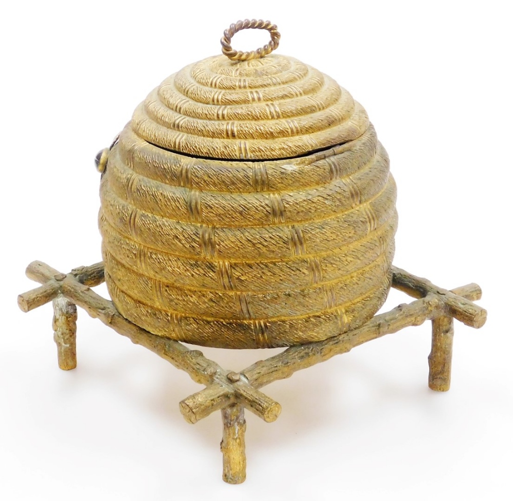 A 19thC gilt metal sewing box in the form of bee skep, with a hinged lid and twisted top handle, the - Image 3 of 5