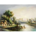 Texier (20thC School). Dutch rural scene, depicting lake, buildings, and figures, oil on board laid