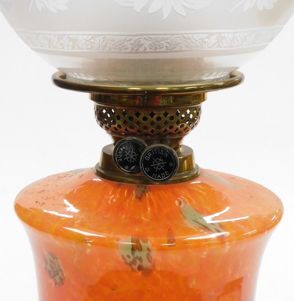 A late 19thC brass and glass oil lamp, with an acid etched floral decorated shade, clear glass chimn - Image 2 of 2