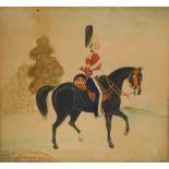 19thC English School. A Seventh Dragoon Guard, mounted on a black stallion, watercolour, in a burr w