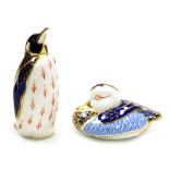 Two Royal Crown Derby porcelain bird paperweights, comprising Penguin, gold stopper, 13.5cm high, an