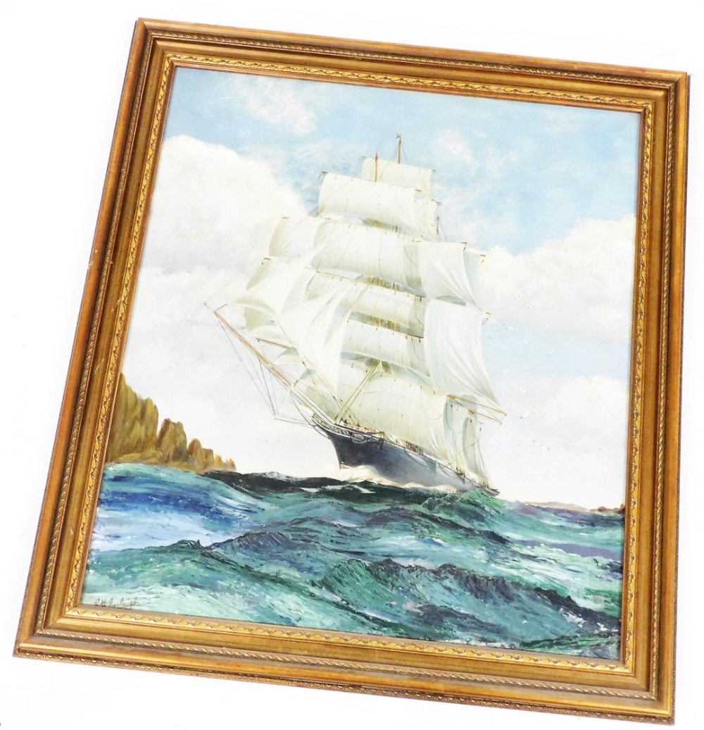 E H Eveleigh (British, 20thC). The Cutty Sark on Choppy Seas, oil on canvas, signed, 57cm x 50cm. - Image 2 of 3