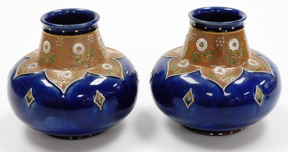 A pair of late 19thC Royal Doulton stoneware vases, each of cylindrical squat form, the raised neck - Image 2 of 3