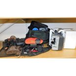 Various cameras and related equipment, to include a Emig mark 50 projector, Miranda binoculars, case