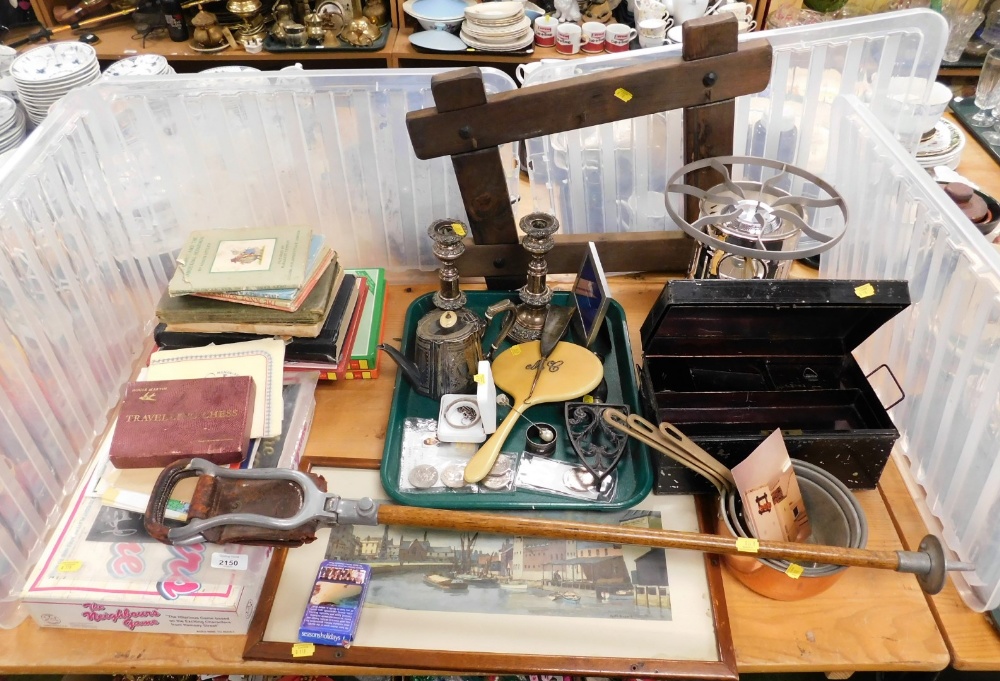 General household effects, to include a metal Post Office box, copper saucepans, plated candlesticks