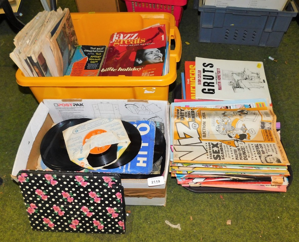 Printed ephemera, to include Viz, Jazz Great's Magazines, various newspapers, 45rpm singles, etc. (a