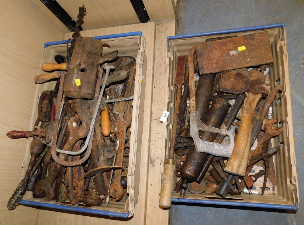 Various hand tools, to include an axe, spanners, drill bits, wooden block planes, etc. (2 boxes)