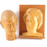 A Gillian Corsellis carved wooden bust portrait of Margaret Thatcher, on a wooden plinth, bust 33.5c