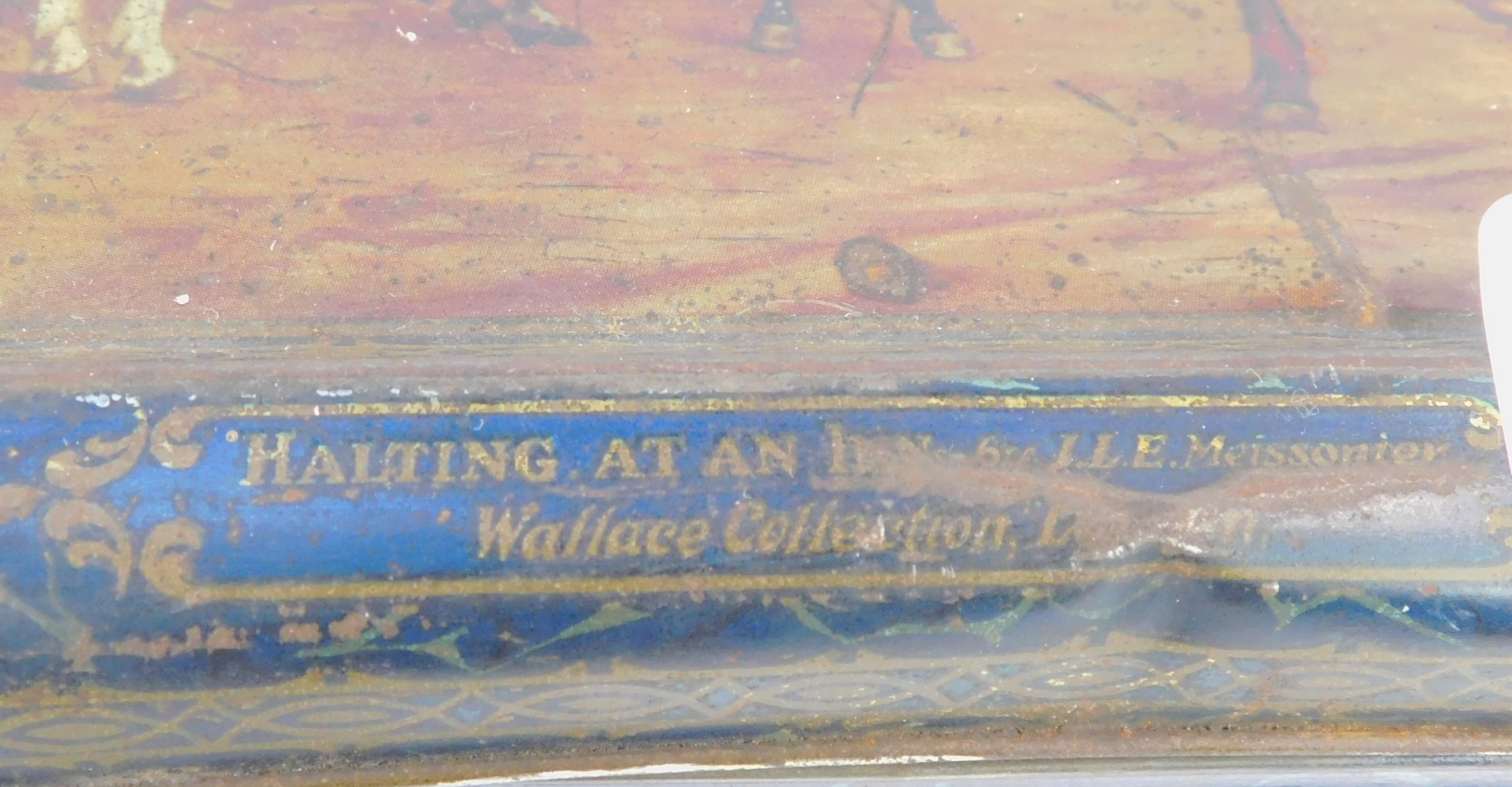 An early 20thC Bluebird Luxury Assortment toffee tin, printed to the lid with 'Halting at an Inn' Af - Image 3 of 3