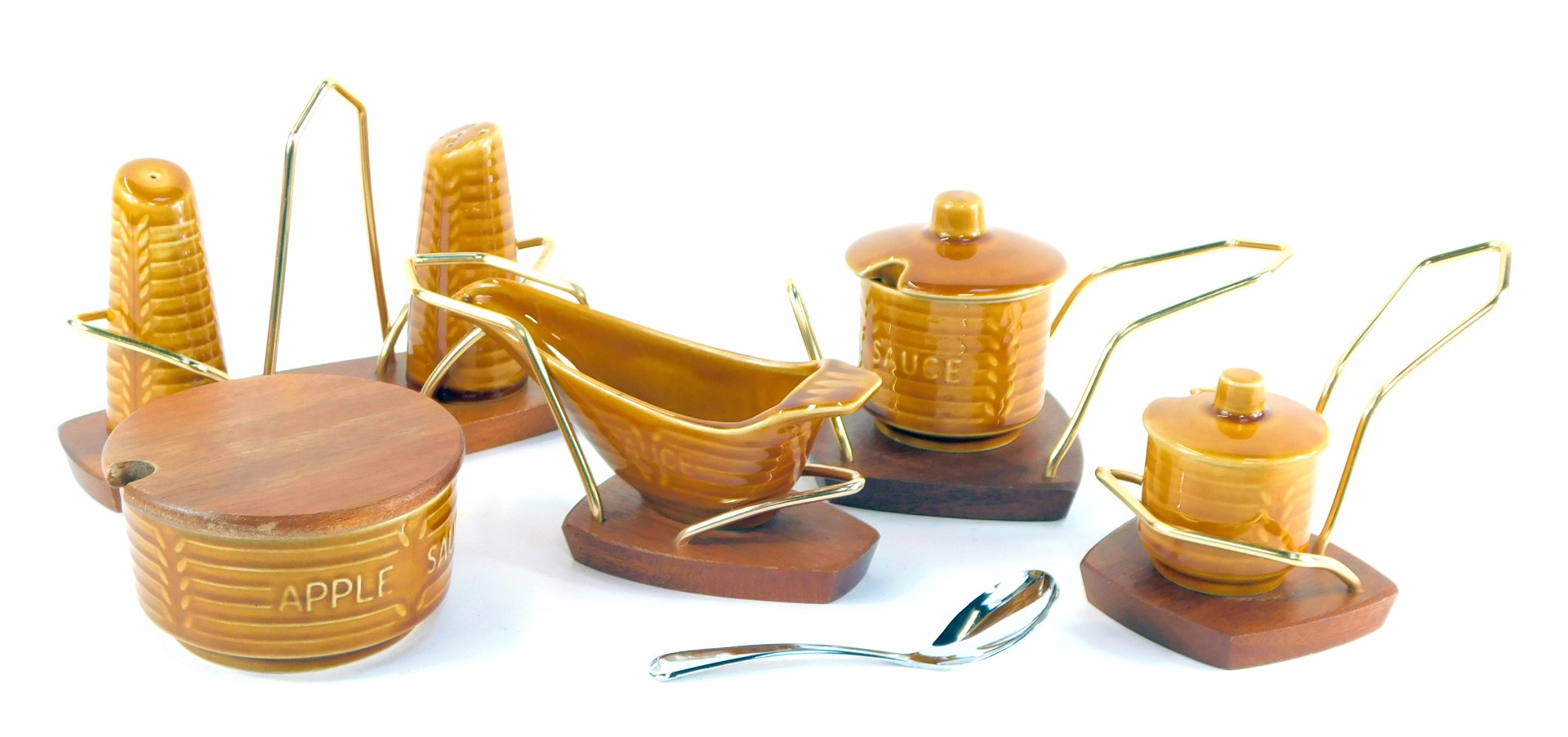 A Crown Devon treacle glazed pottery cruet set, comprising an apple sauce pot with wooden lid, mint