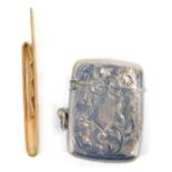 A 9ct gold tie clip, with engine turned cross hatched decoration, 6g, and a silver match case, with