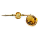 Two items of citrine set jewellery, comprising brooch with rectangular faceted citrine in basket set