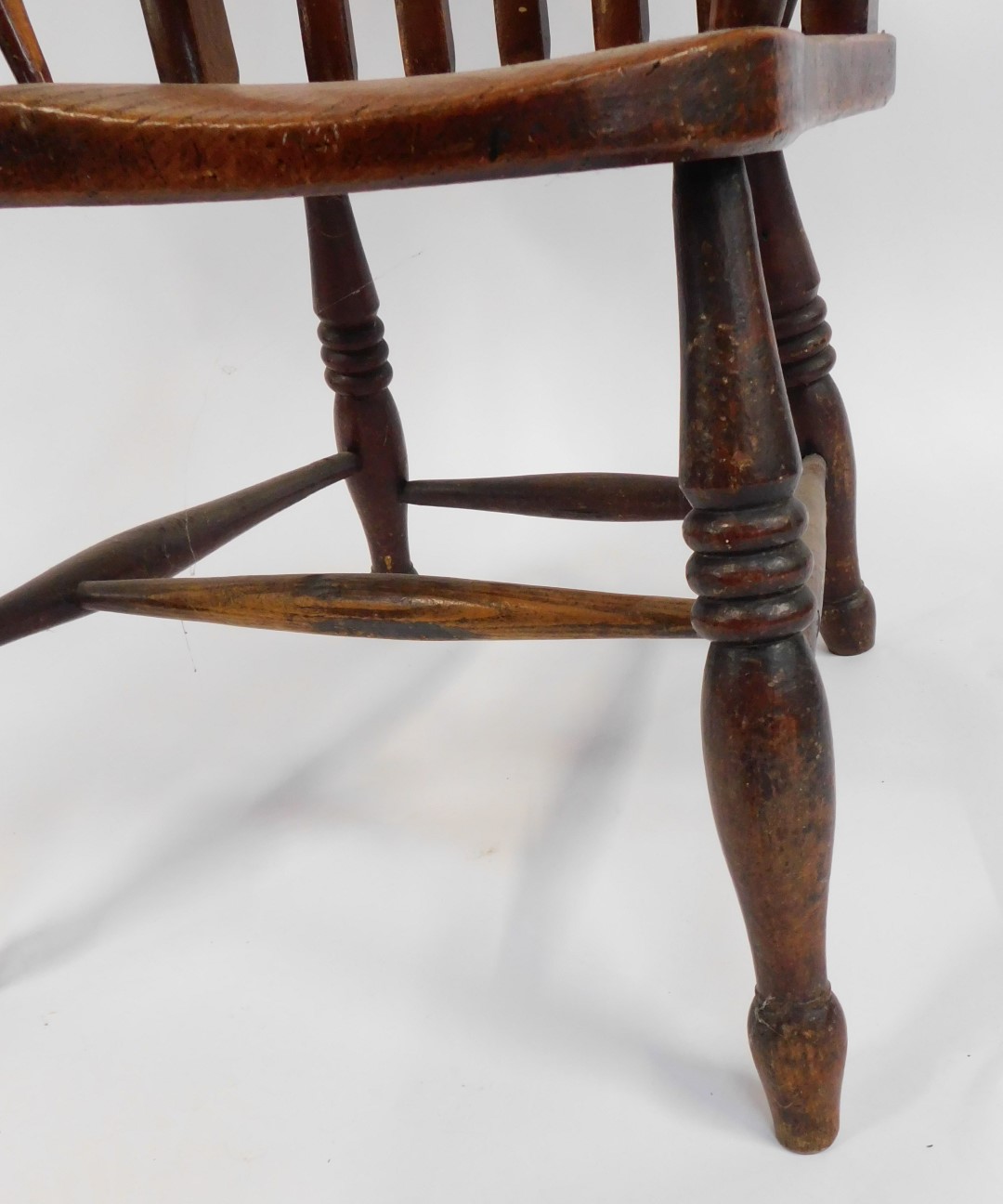 A Victorian elm and mahogany lath back kitchen chair, with solid saddle seat, raised on turned legs, - Image 2 of 2