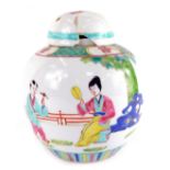 A 20thC Oriental porcelain ginger jar and cover, kakiemon decorated with figures in a garden, 17cm h