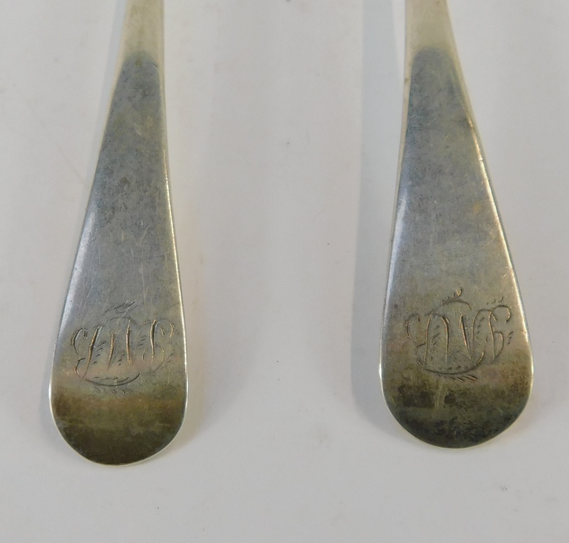 Two George III silver Old English pattern serving spoons, each bearing the initial J M B, London 179 - Image 2 of 2