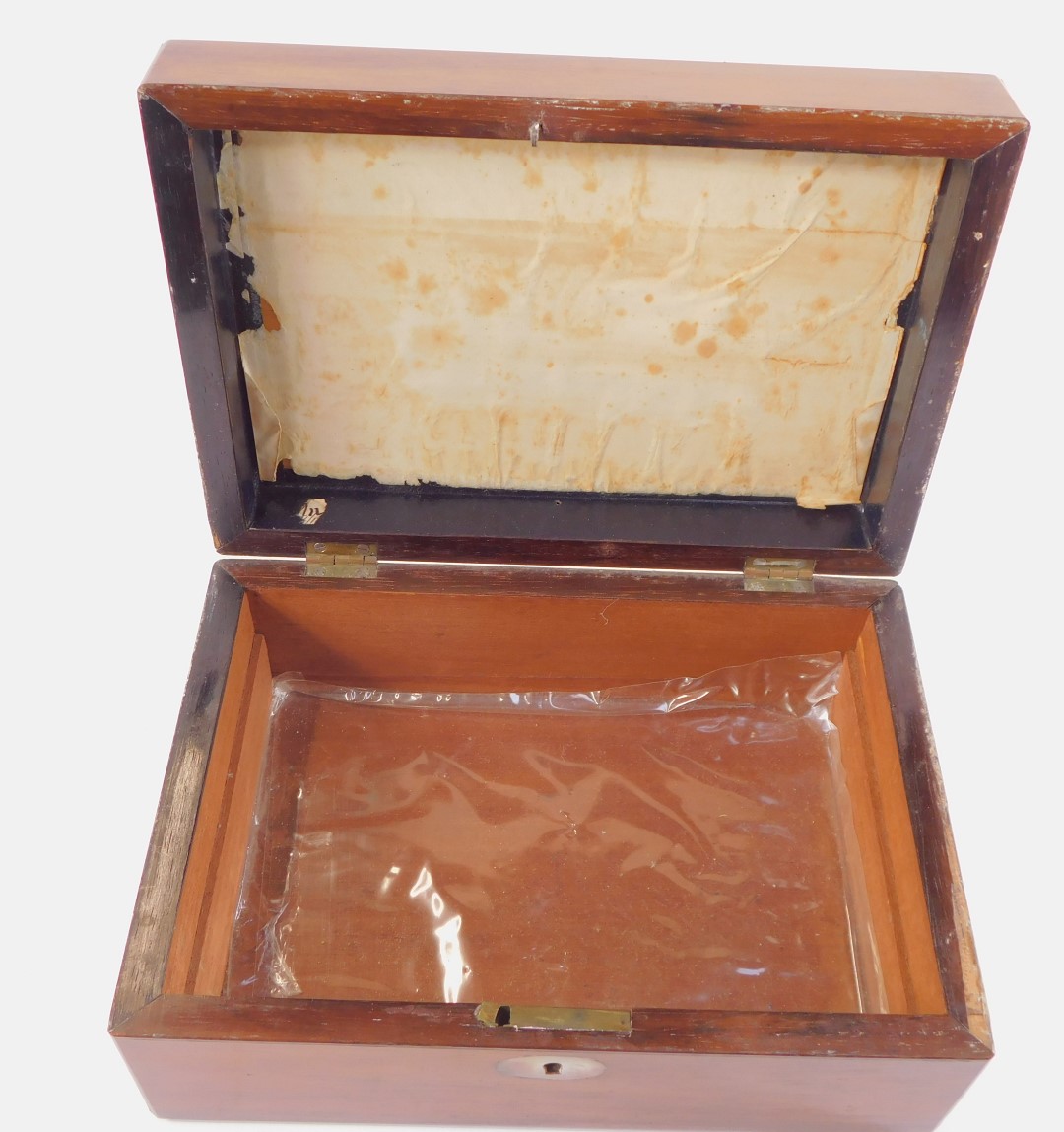 A Victorian mahogany box, with mother of pearl escutcheons, the hinged lid opening to reveal a vacan - Image 2 of 2