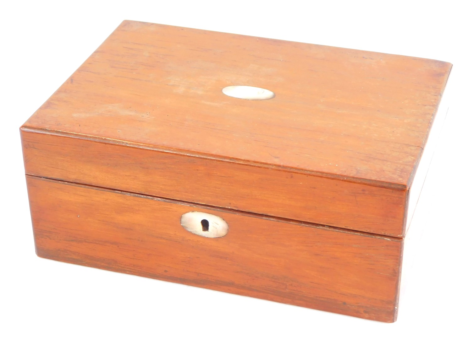 A Victorian mahogany box, with mother of pearl escutcheons, the hinged lid opening to reveal a vacan