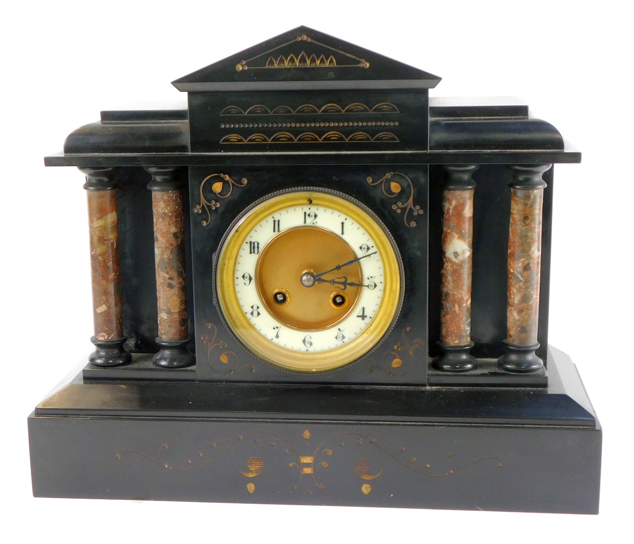 A late 19thC French slate mantel clock, circular brass dial with enamel chapter ring bearing Arabic