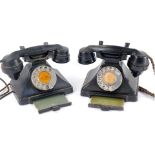 A pair of GPO black Bakelite telephones, I232LFWR59/2, and the other unmarked.