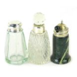 Three items of George V silver ware, comprising a scent bottle and stopper, with rubbed hallmarks, a