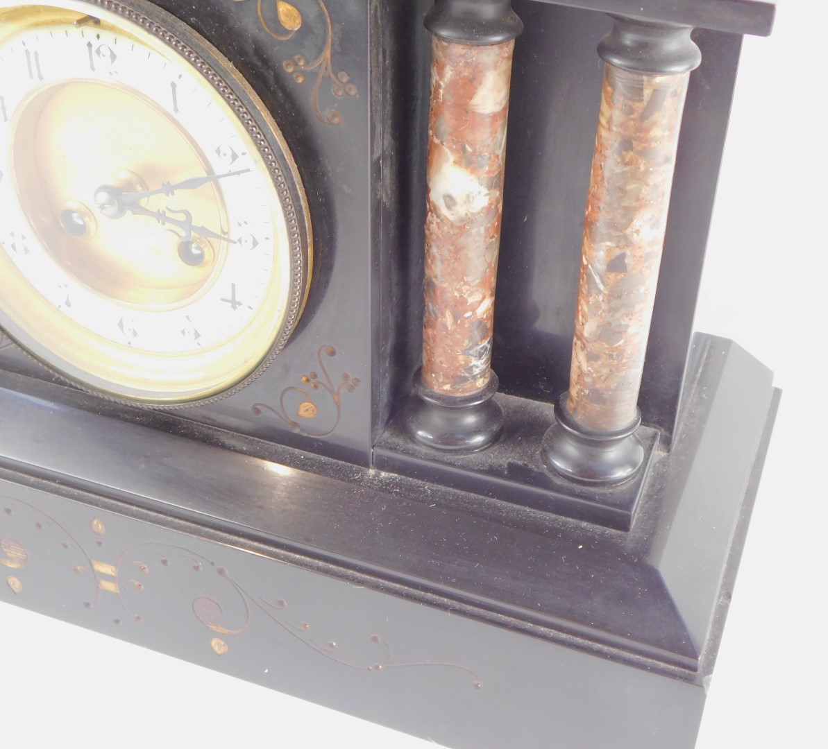 A late 19thC French slate mantel clock, circular brass dial with enamel chapter ring bearing Arabic - Image 2 of 3