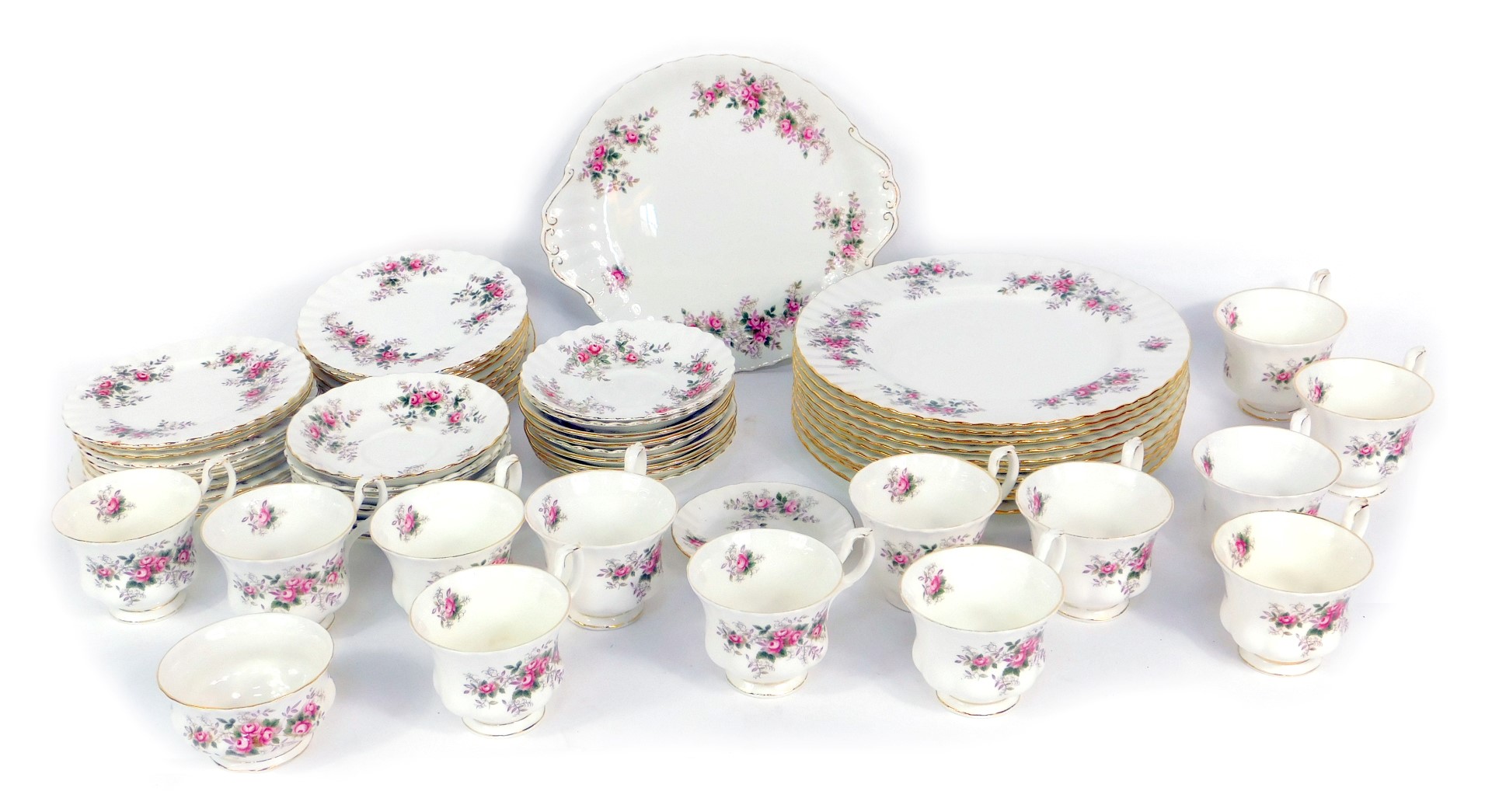 A Royal Albert Lavender Rose pattern tea and dinner service, comprising ten dinner plates, cake plat