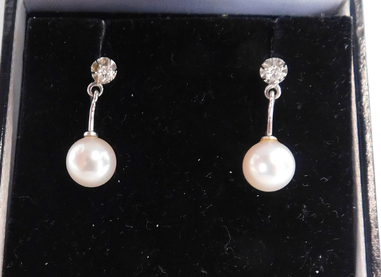 A pair of 18ct white gold cultured pearl and diamond drop earrings, each with a tiny diamond in four - Image 2 of 2
