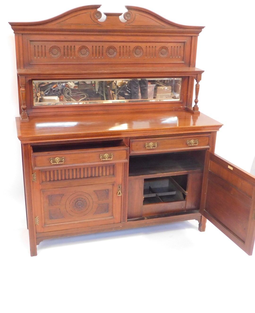 A Victorian walnut mirror back sideboard, on base with two drawers and two cupboard doors, on reeded - Image 2 of 2