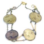 An early 20thC lava cameo bracelet, with four intaglio panels, each with gold plated chain break, 14