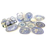 Blue and white wares, comprising wall clock, wash bowl, teapot, tureen and cover, egg cups, dinner p