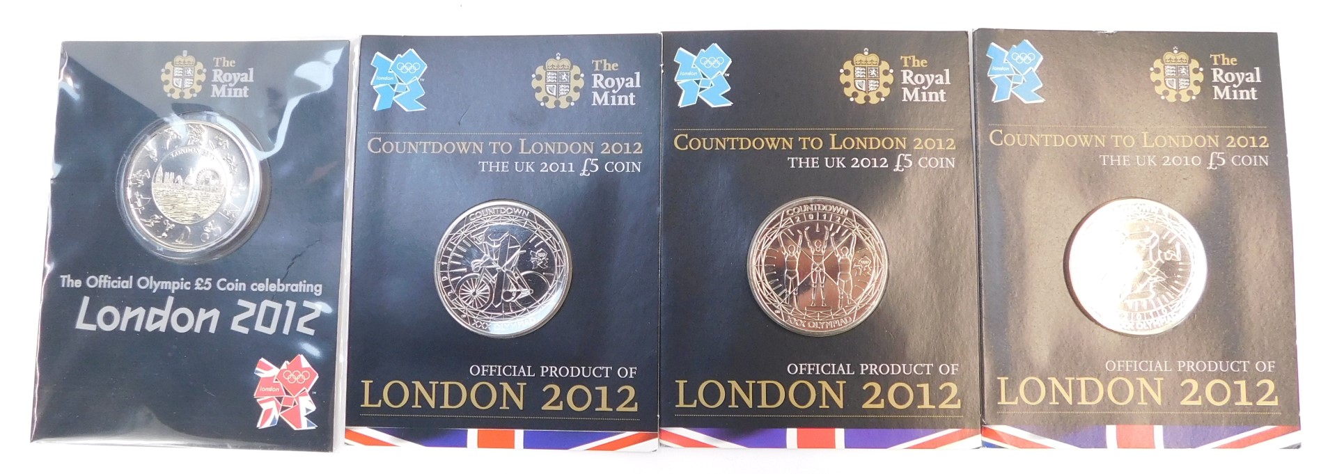 Three Royal Mint Countdown to London 2012 Olympics five pound coins 2011, together with a Royal Mint