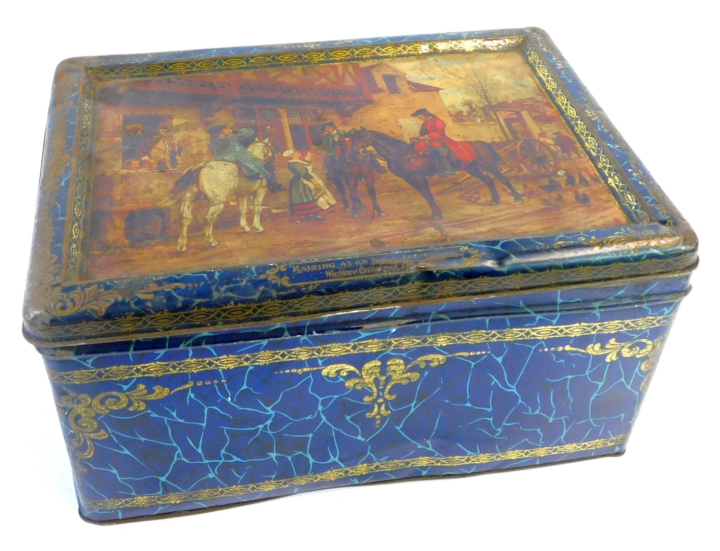 An early 20thC Bluebird Luxury Assortment toffee tin, printed to the lid with 'Halting at an Inn' Af