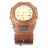 A Victorian rosewood and brass inlaid drop dial wall clock, circular dial bearing Roman numerals, ei