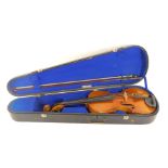 An early 20thC violin, in a W E Hill and Sons case, 140 New Bond Street, London, with a bow,