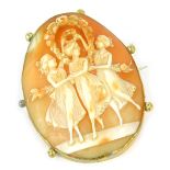 A 19thC shell cameo brooch, oval depicting The Three Graces, in a Pinchbeck board frame, on single