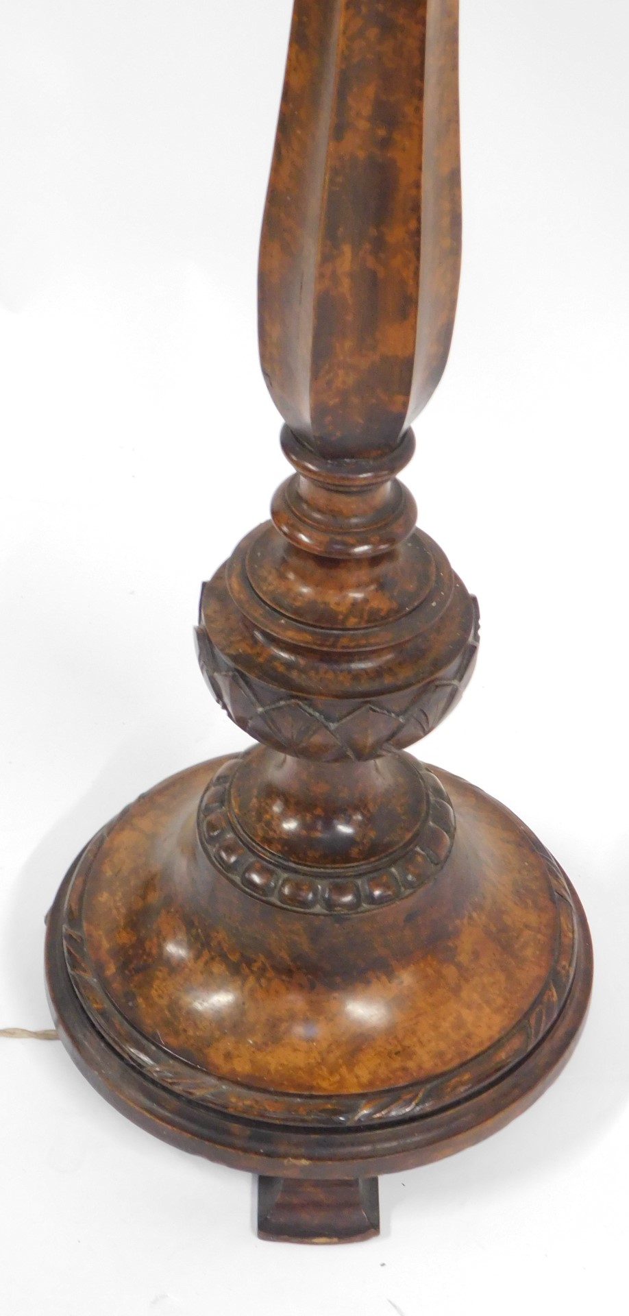 A early 20thC walnut standard lamp, on a hexagonal reeded column, on circular foot with dark mouldin - Image 2 of 2