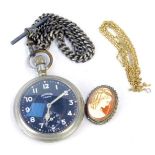 An Ingersoll crown military pocket watch, with black dial, on a silver watch chain, 84.9g, a cameo p